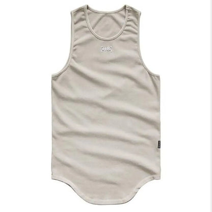 Beige cotton sport tank top back view highlighting sleeveless feature.