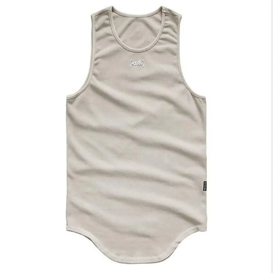 Beige cotton sport tank top back view highlighting sleeveless feature.