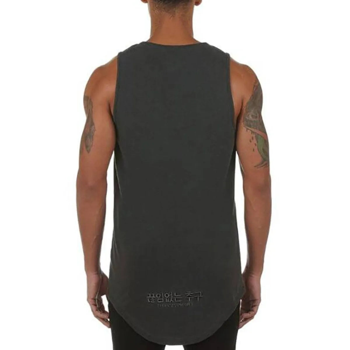 Black cotton sport tank top back view emphasizing sleeveless design.