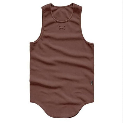 Brown cotton sport tank top back view showcasing sleeveless style.