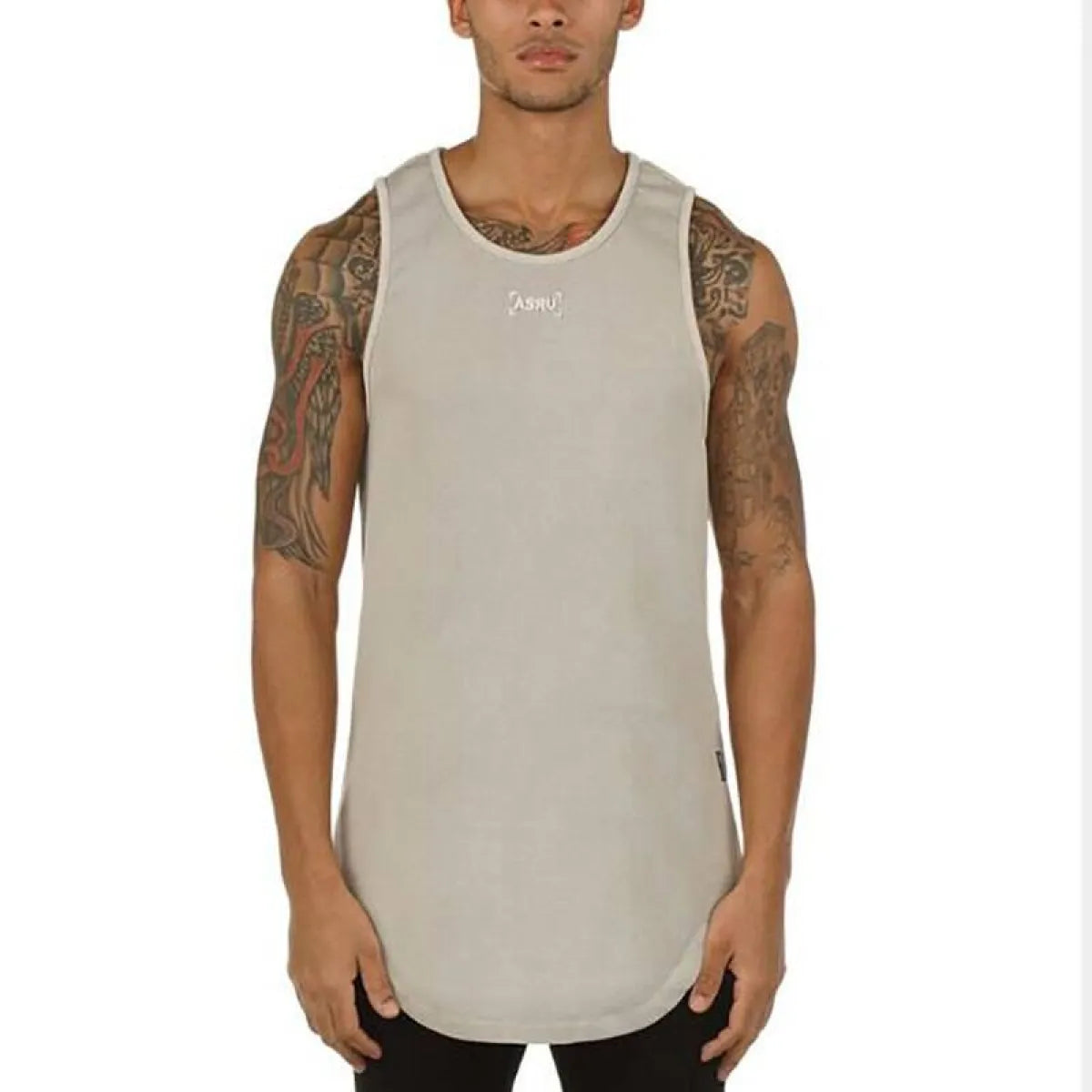 Gray cotton sport tank top front view on a white background.