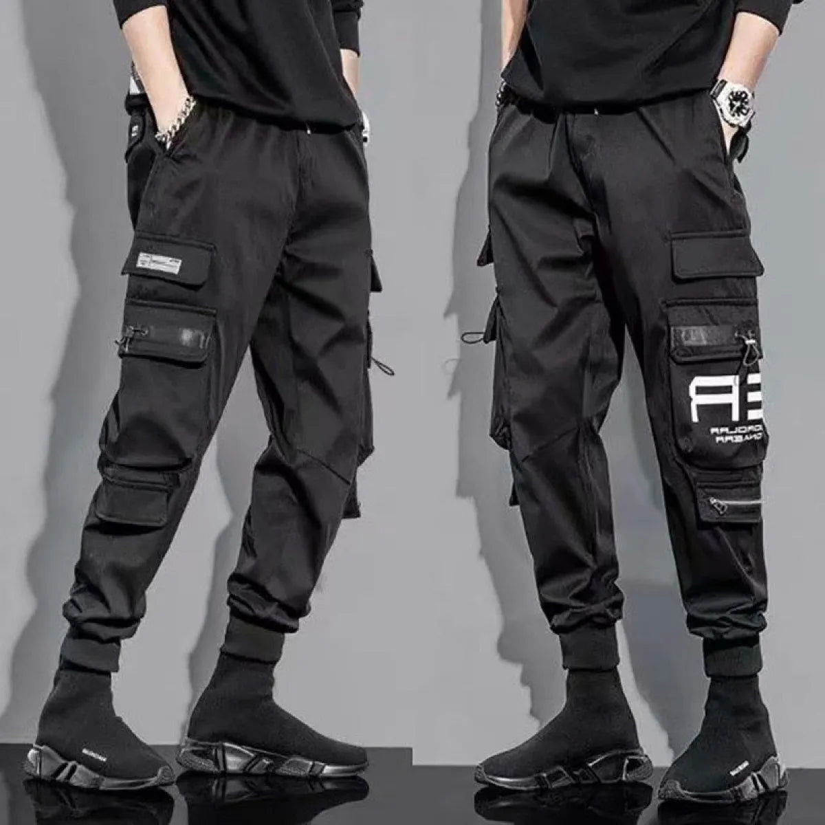 Military Techwear Pants side view with multiple pockets and elastic cuffs.