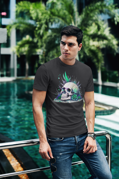Fitted neon skull graphic tee in black and green, lifestyle shot by a pool.