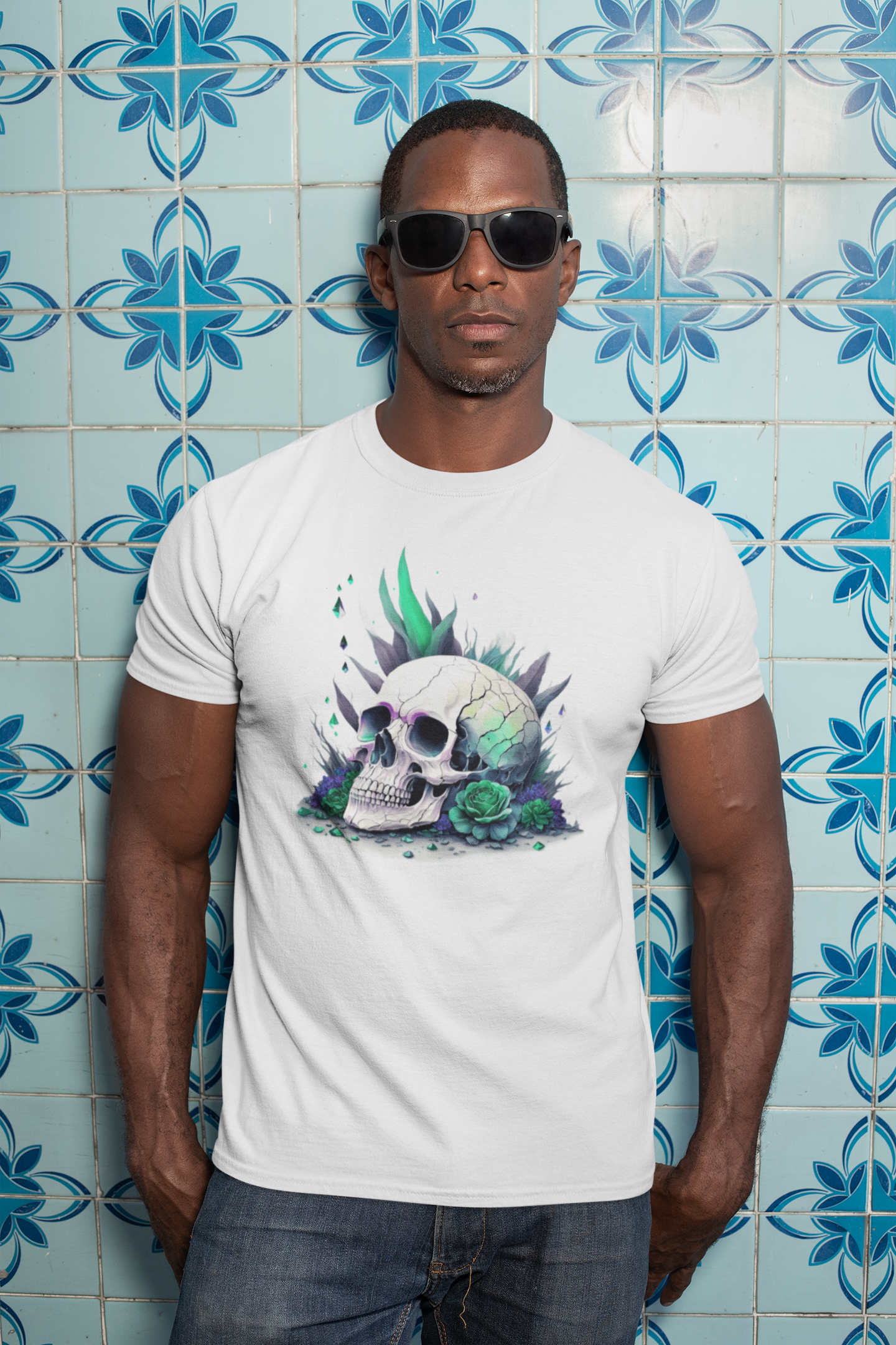 Fitted neon skull graphic tee in white and blue, lifestyle shot with sunglasses.