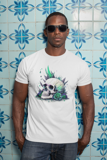 Fitted neon skull graphic tee in white and blue, lifestyle shot with sunglasses.