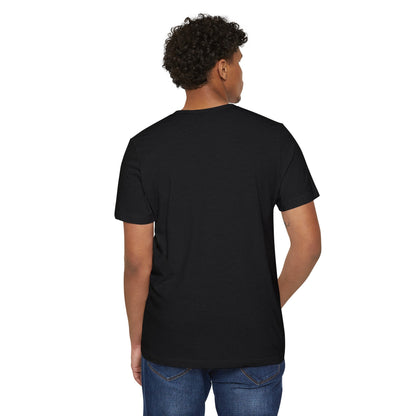 Back view of the black t-shirt with short sleeves on a white background