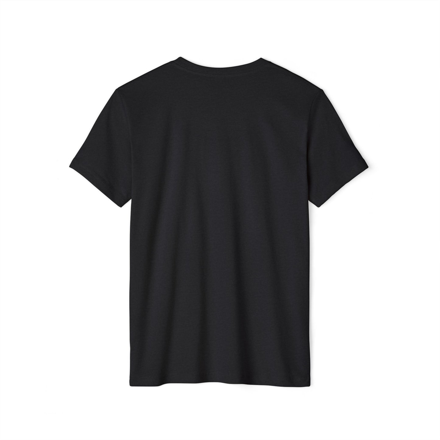 Back view of the black t-shirt with short sleeves on a white background