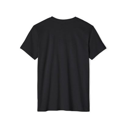 Back view of the black t-shirt with short sleeves on a white background