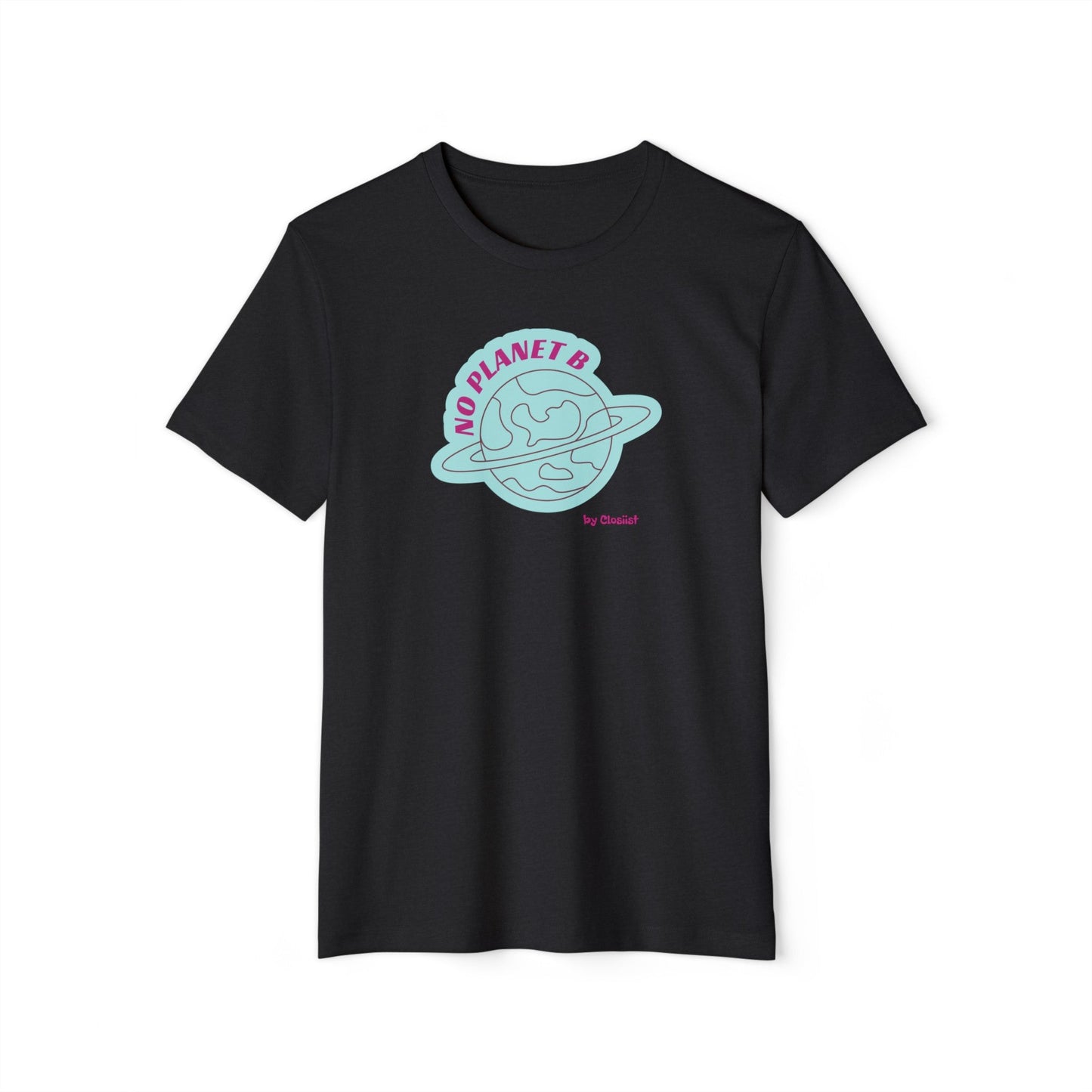 Front view of the black t-shirt with a graphic print on a white background