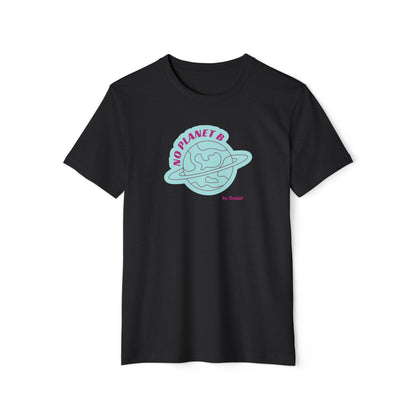 Front view of the black t-shirt with a graphic print on a white background