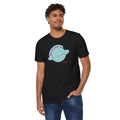 Front view of the black t-shirt with graphic design on a white background
