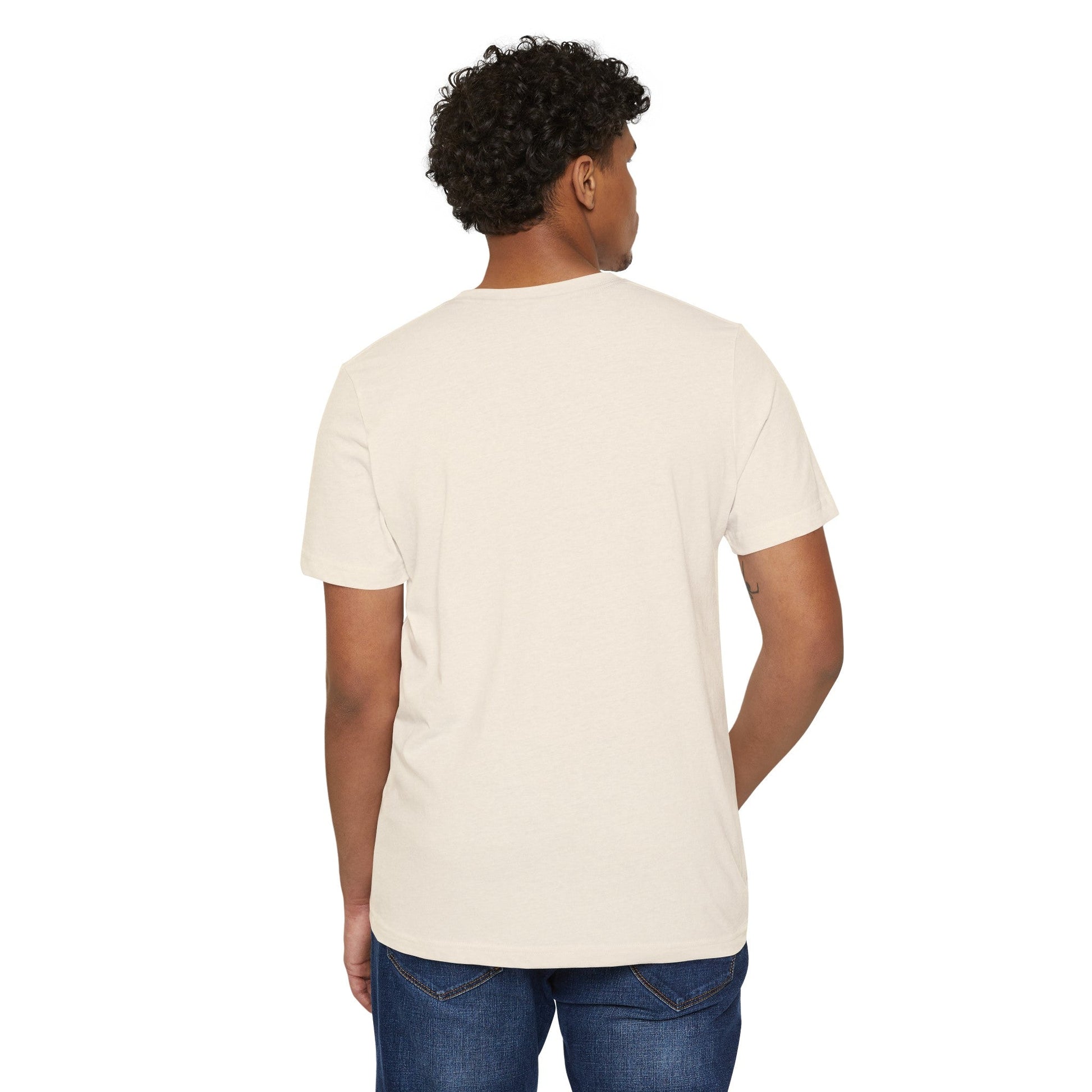Back view of the cream t-shirt with short sleeves in a studio setting