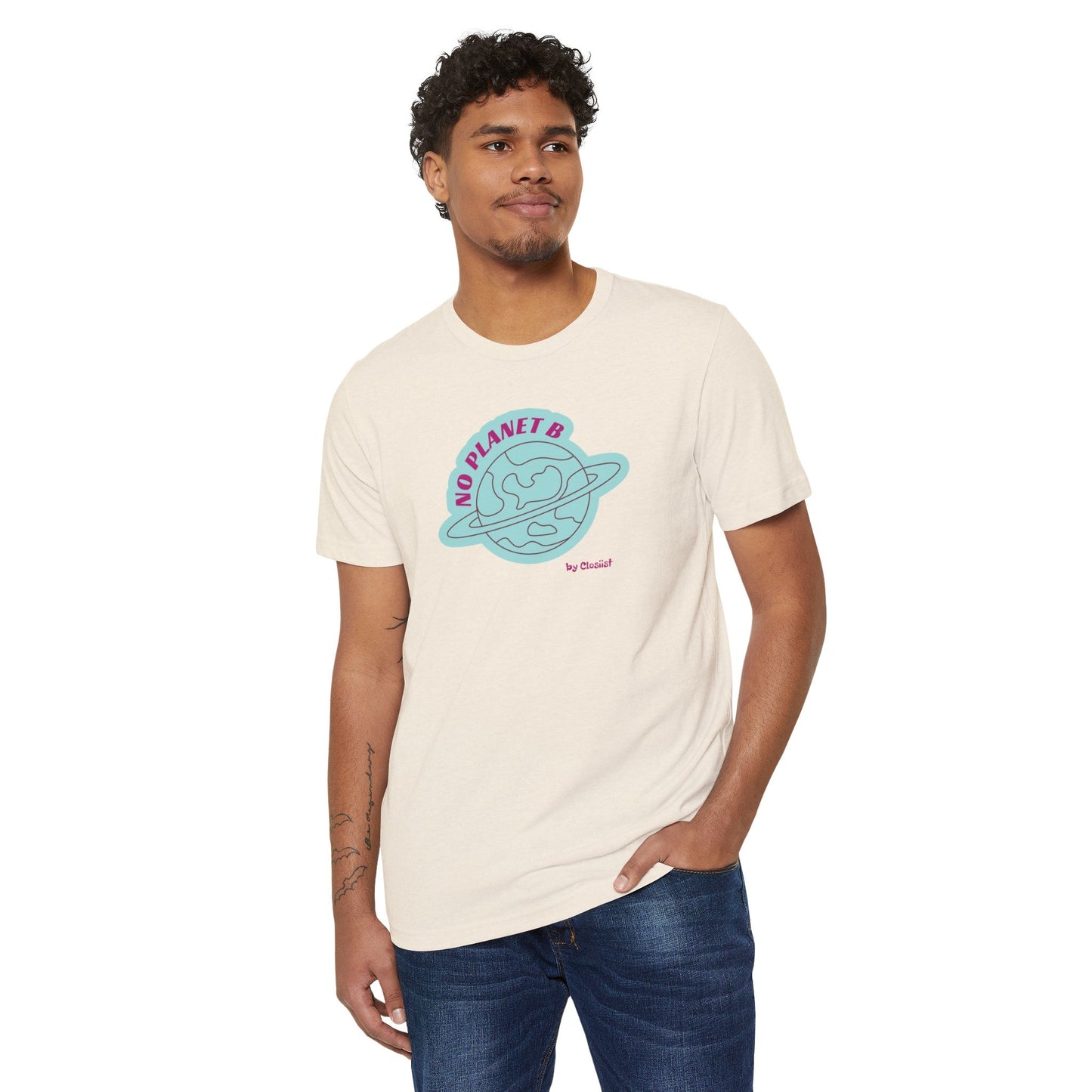 Lifestyle shot of the cream graphic t-shirt in a studio setting