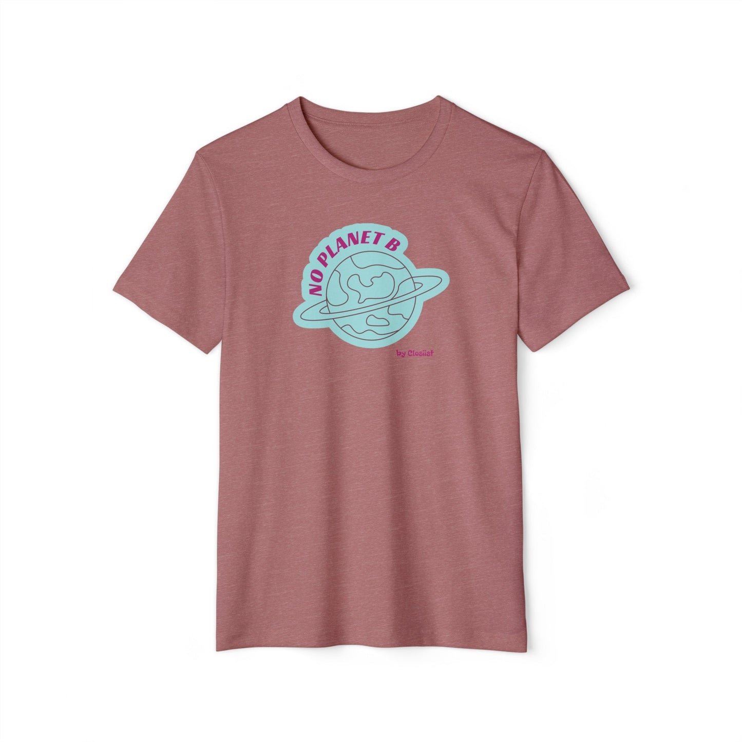 Front view of the rust t-shirt featuring a graphic print on a white background