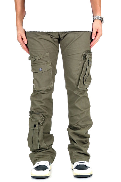 Olive cargo pants lifestyle shot featuring multiple pockets and loose fit.
