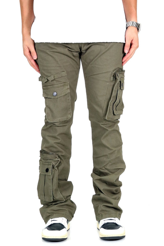 Olive cargo pants lifestyle shot featuring multiple pockets and loose fit.