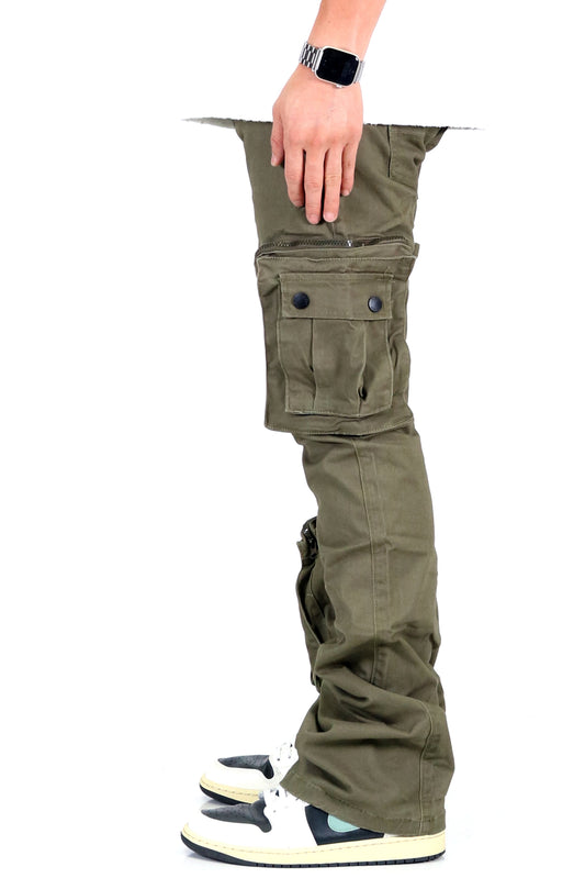 Side view of olive cargo pants with hand inside pocket and cargo style.
