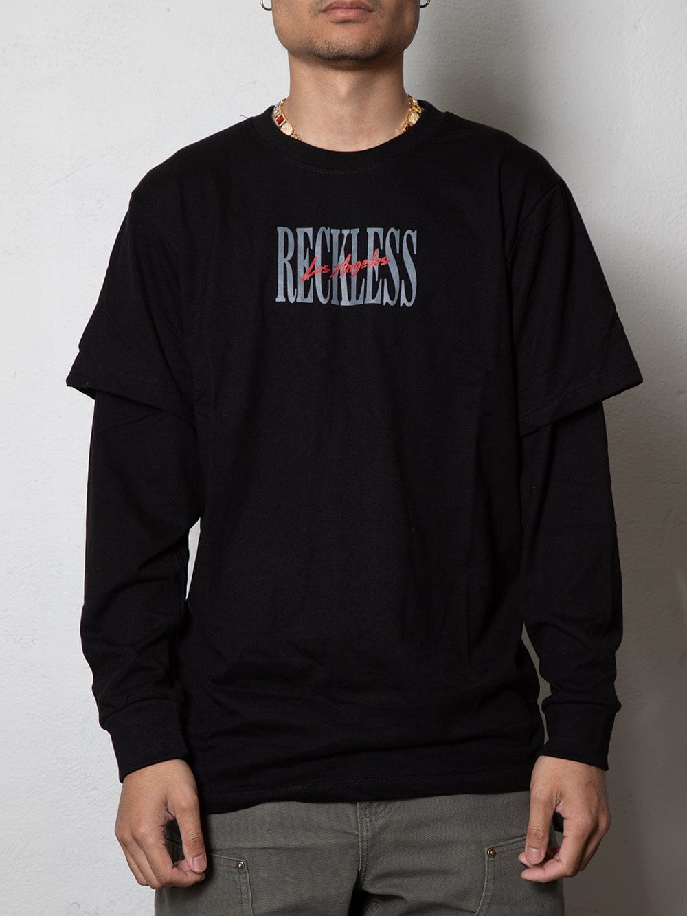 Front view of the black long sleeve t-shirt with graphic print.
