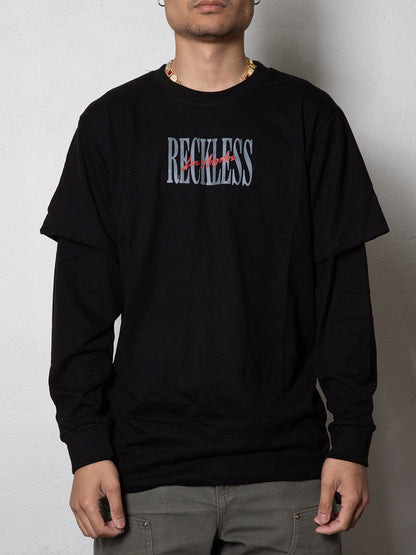 Front view of the black long sleeve t-shirt with graphic print.