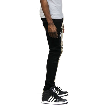 Back view of the half black and half khaki skinny twill pants.