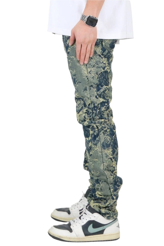 Side view of the green and blue jacquard slim fit denim pants showcasing pocket details.