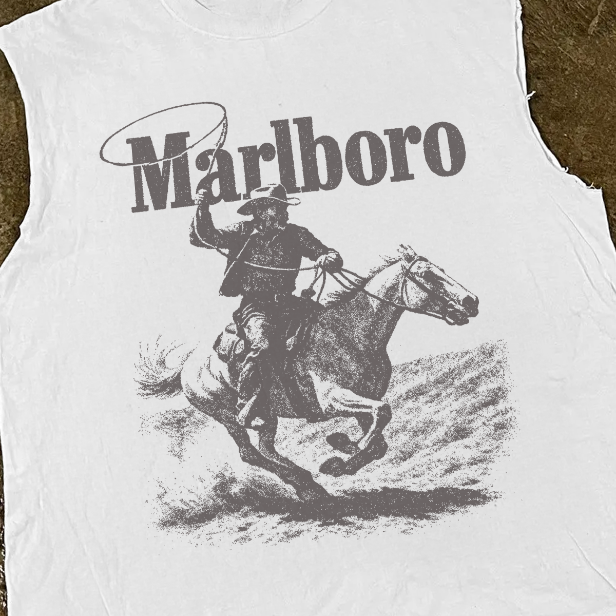 Detail close-up of the white sleeveless shirt with a Marlboro graphic.