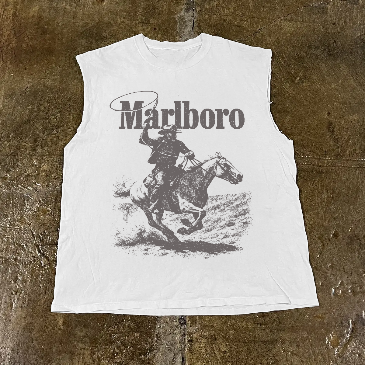 Front view of the white sleeveless shirt featuring a Marlboro graphic.