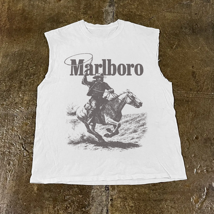 Front view of the white sleeveless shirt featuring a Marlboro graphic.