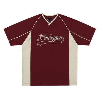 Front view of the men's summer shirt in red with short sleeves.