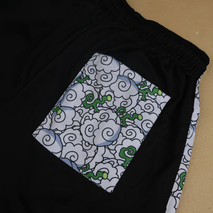 Detail close-up of jogger pants fabric showing patterned fabric and pocket detail.