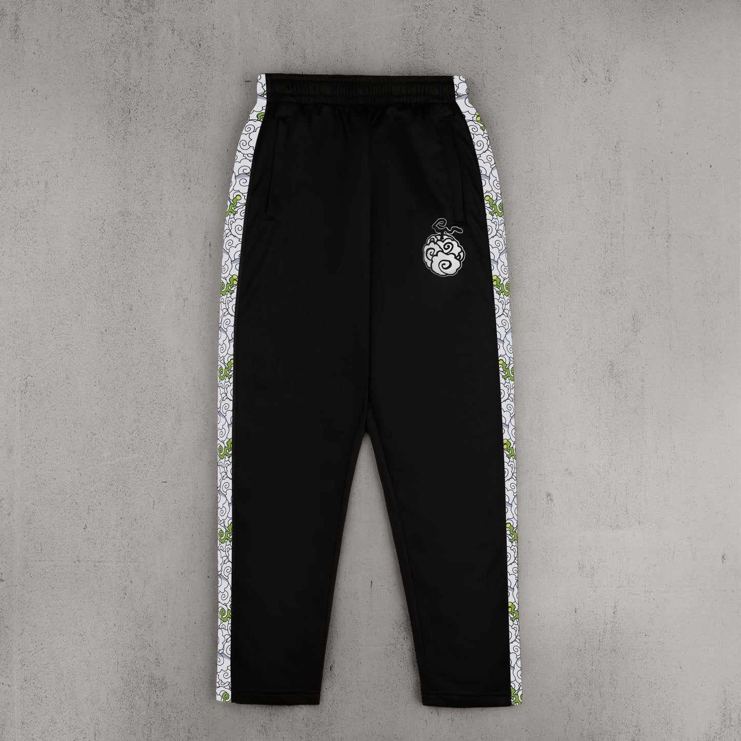 Black jogger pants featuring side stripes and a pocket on a solid background.