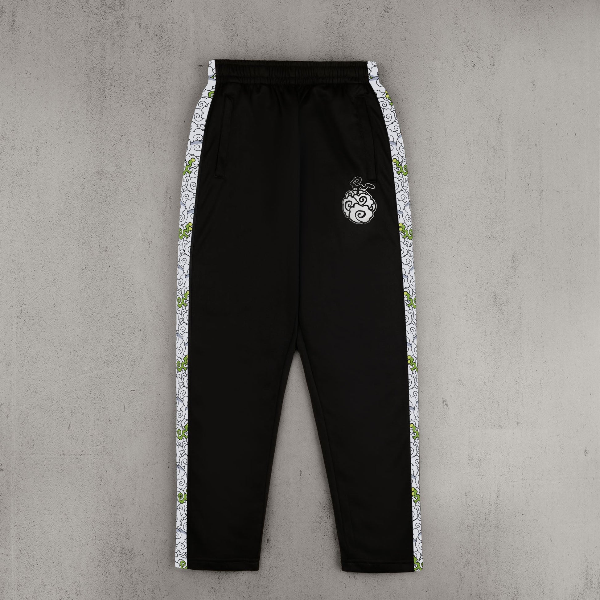 Black jogger pants featuring side stripes and a pocket on a solid background.