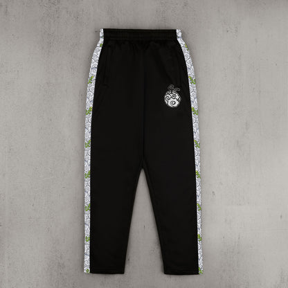 Black jogger pants featuring side stripes and a pocket on a solid background.