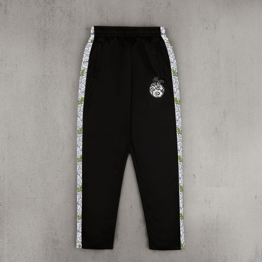 Black jogger pants featuring side stripes and a pocket on a solid background.