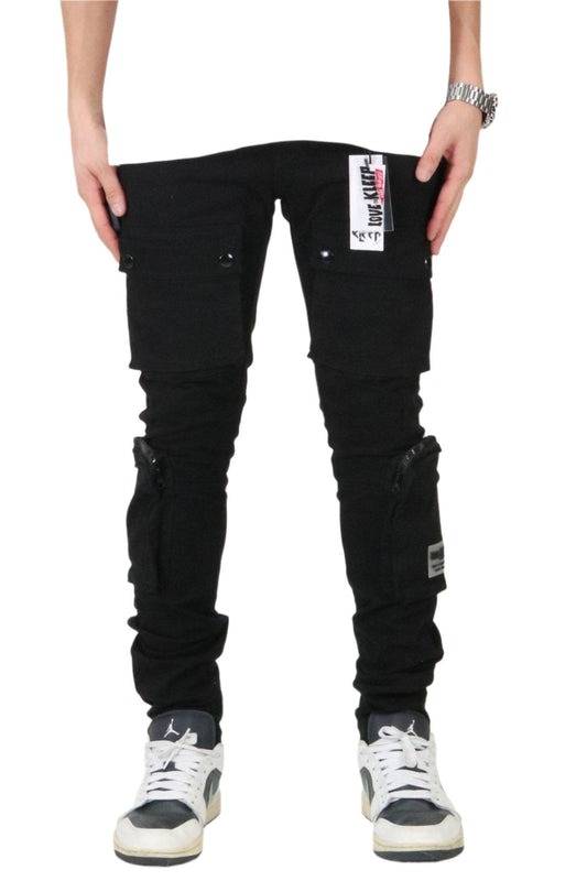 Front view of the black cargo pants featuring cargo pockets.