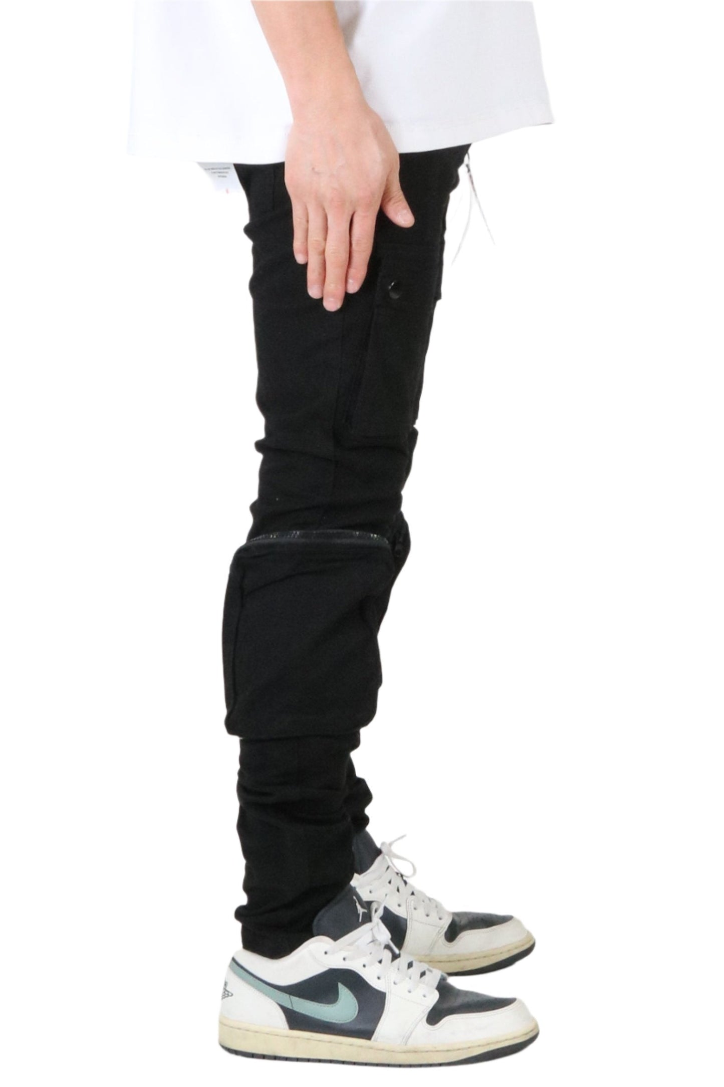 Front view of the black cargo pants with cargo pockets.