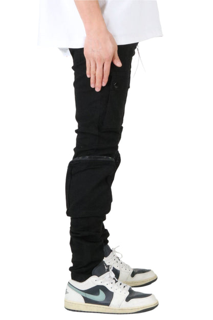 Front view of the black cargo pants with cargo pockets.