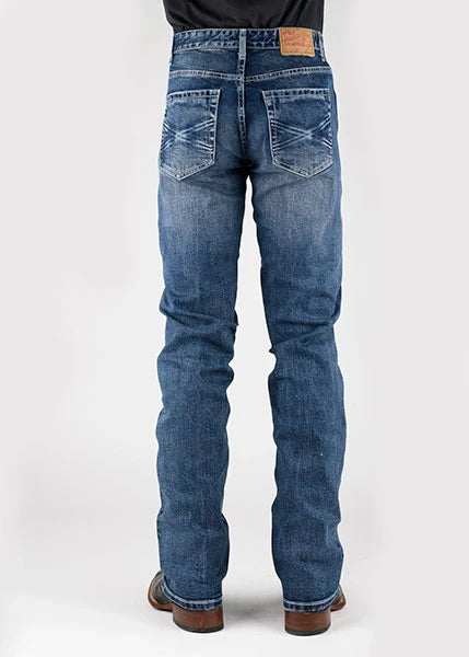 Back view of blue jeans showcasing pocket details and faded design.