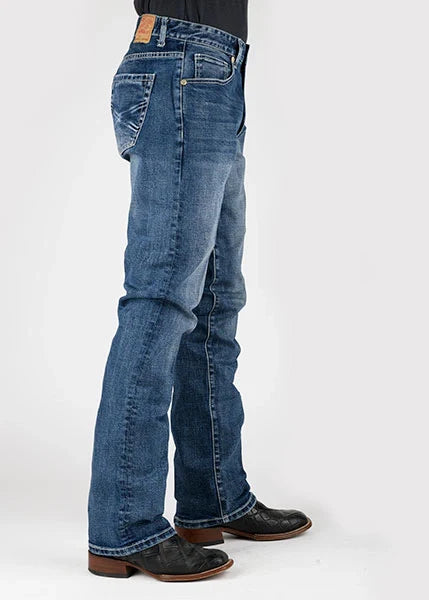Side view of blue jeans featuring a straight leg and faded design.