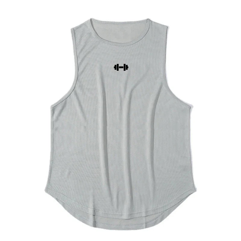 Back view of a black sleeveless shirt with logo on back.
