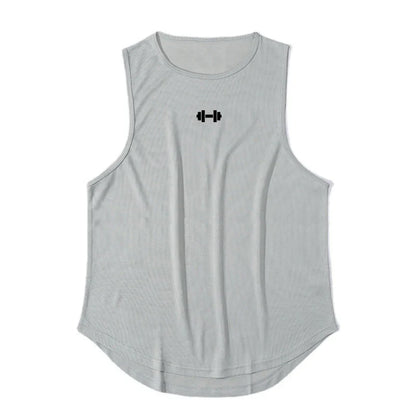 Back view of a black sleeveless shirt with logo on back.