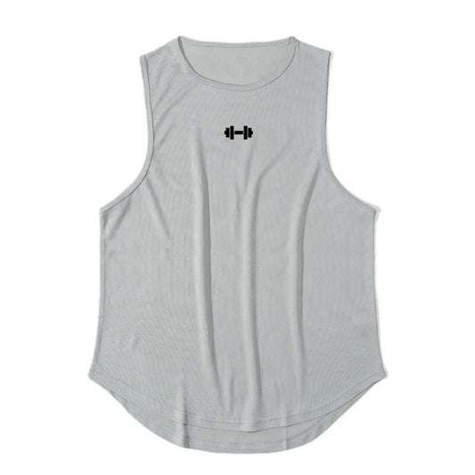 Back view of a black sleeveless shirt with logo on back.