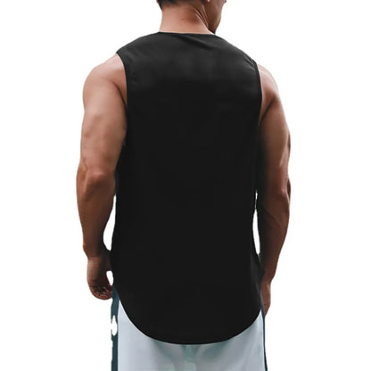 Front view of a black sleeveless shirt with logo on chest.