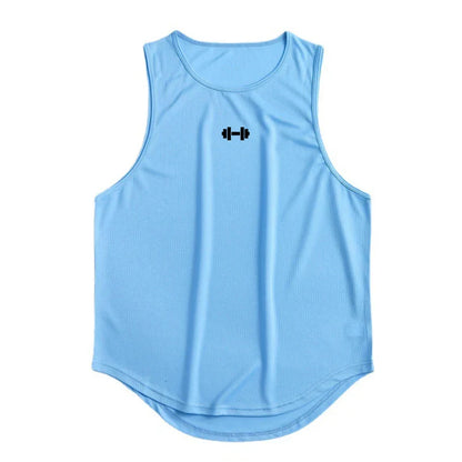 Front view of a blue tank top featuring a round neckline and black logo.