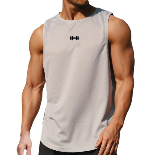 Lifestyle shot of a gray sleeveless shirt on a muscular model.