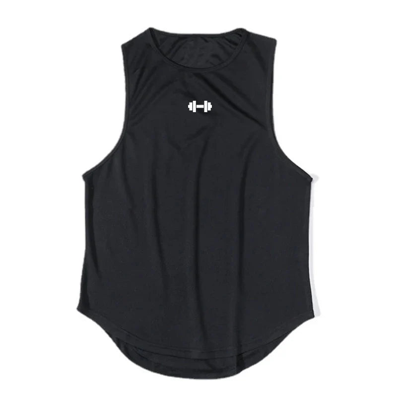 Front view of a gray sleeveless shirt featuring a pleated design and logo.