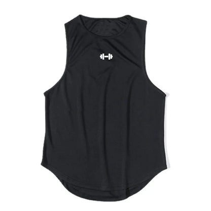 Front view of a gray sleeveless shirt featuring a pleated design and logo.