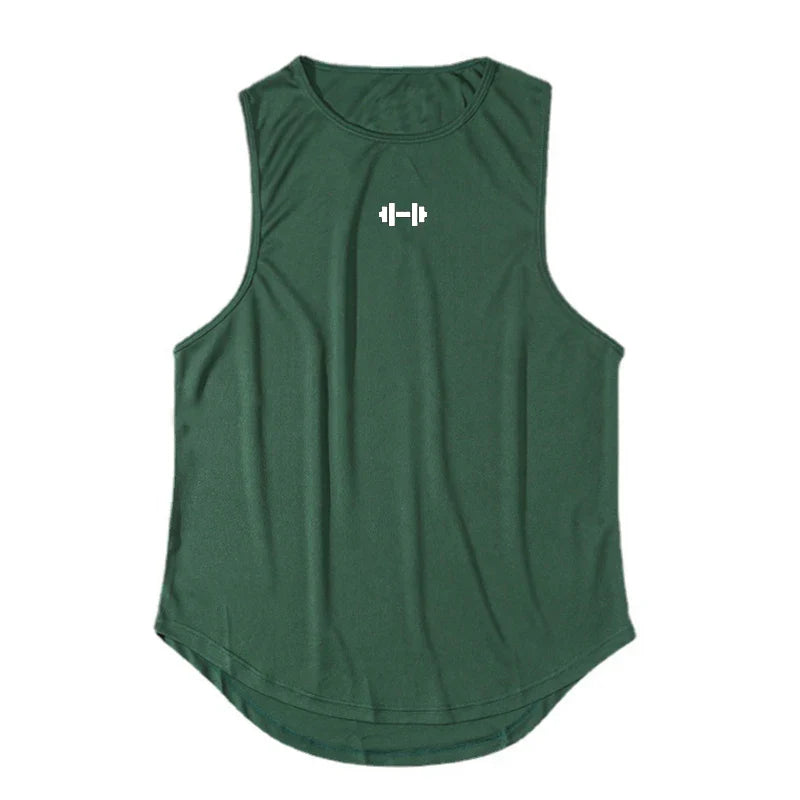 Front view of a green tank top featuring a round neckline and white logo.