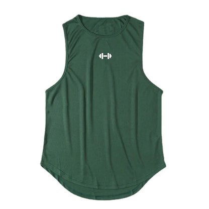 Front view of a green tank top featuring a round neckline and white logo.