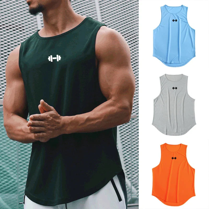 Lifestyle shot of a green sleeveless shirt on a muscular model.